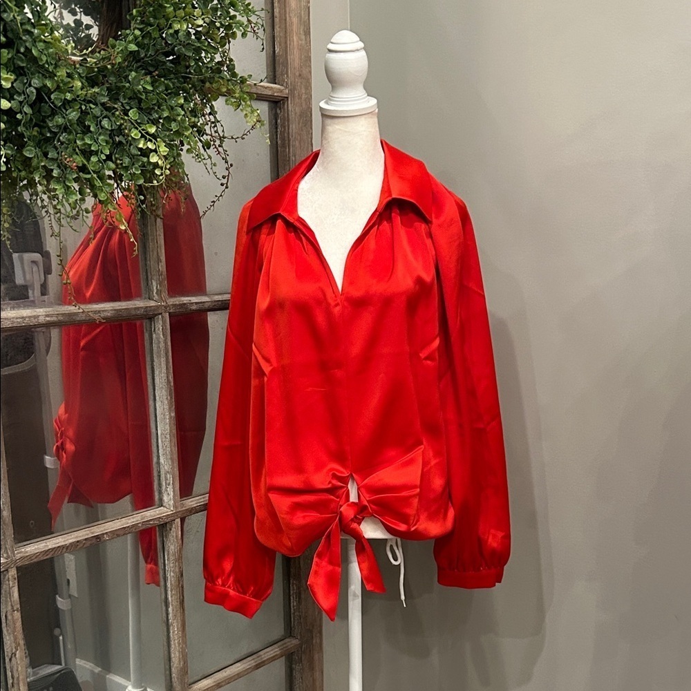 Anne Klein Vibrant Red Satin Blouse with Tie XL